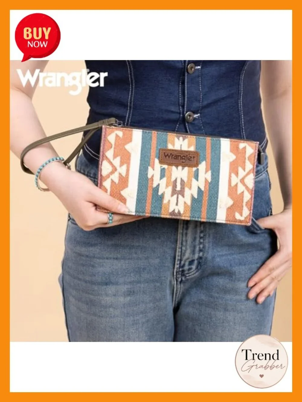 Western Wristlet Wallet with Aztec Print and Multiple Card Slots